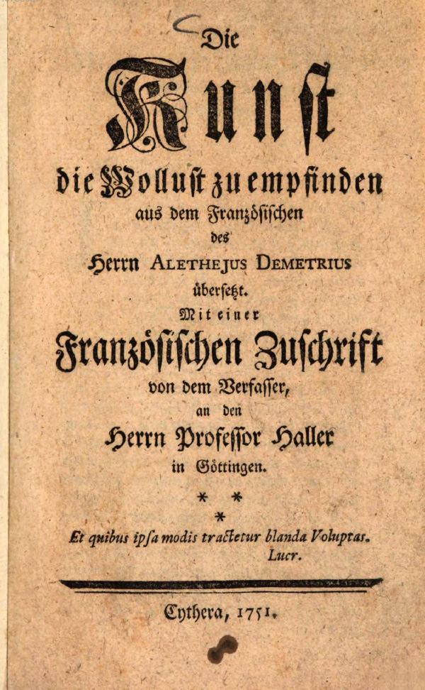 Deutsche Ausgabe von Julien Offray de La Mettries L'art de jouir (1751, mit fiktivem Erscheinungsort)